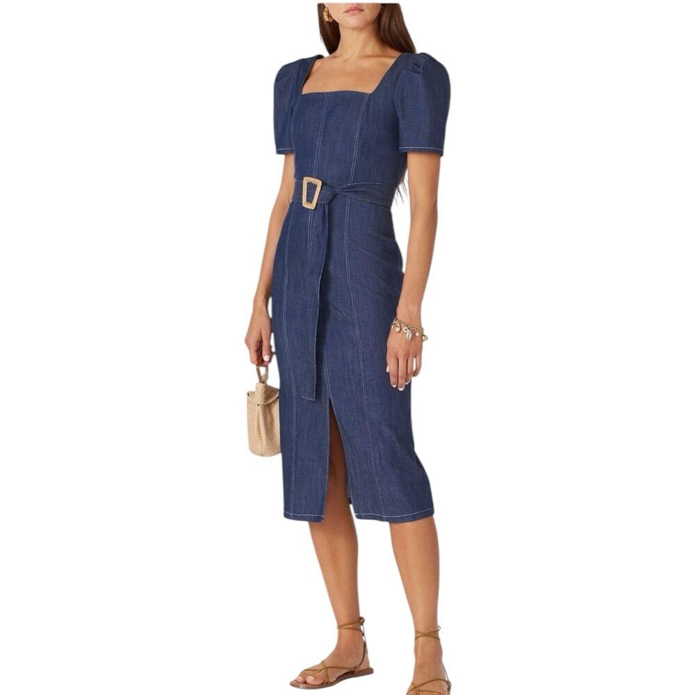 Shoshanna Blue Denim Candelaria Midi Front Slit Dress 4 - Picture 1 of 5